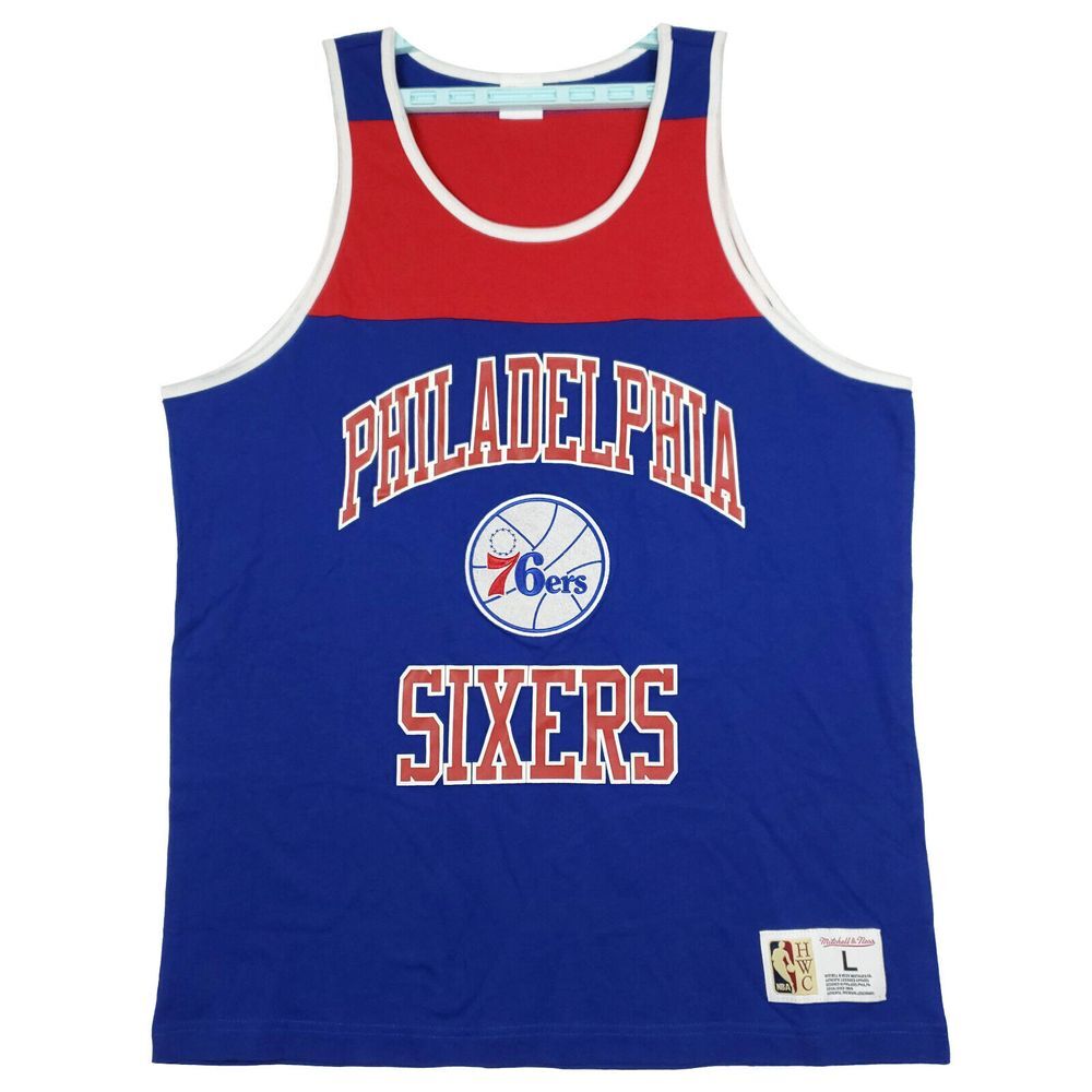 Philadelphia 76ers Mitchell & Ness NBA L Large Tank Top Cut Felt‎ Blue Red New